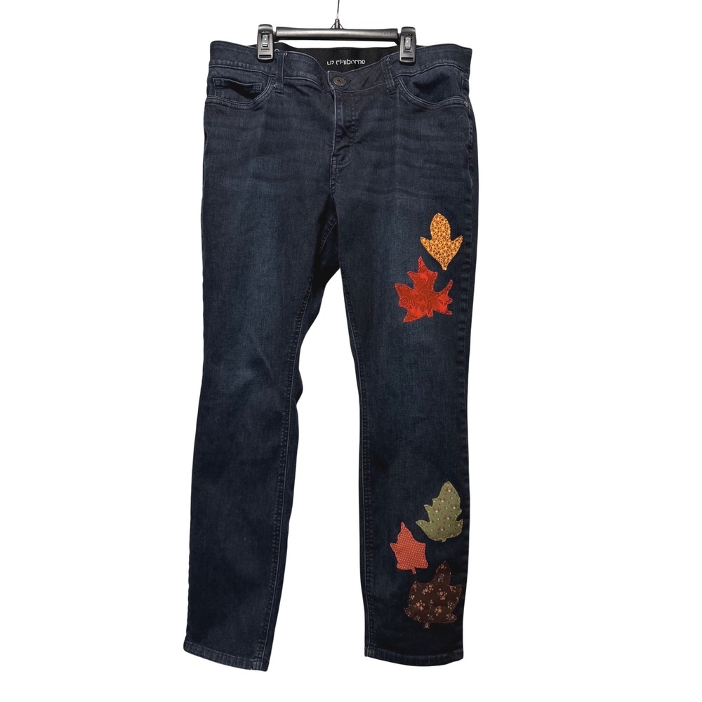 Custom Womens Boho 12 Classic Jeans Dark Wash Fall Leaf Applique Straight Leg